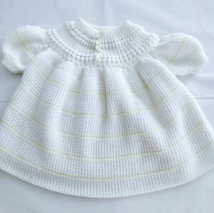 VINTAGE White Knit Baby Dress with Subtle Yellow Stripes